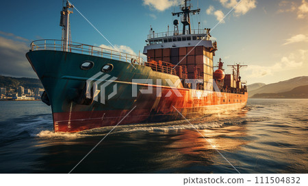 Aerial front view of a loaded container cargo vessel traveling over calm ocean. Generative AI 111504832