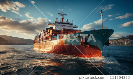 Aerial front view of a loaded container cargo vessel traveling over calm ocean. Generative AI 111504833