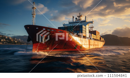 Aerial front view of a loaded container cargo vessel traveling over calm ocean. Generative AI 111504841