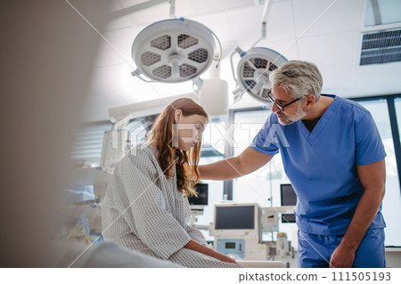 Supportive doctor talking with worried teenage patient. Compassionate physician supporting stressed girl, delivering bed news. 111505193