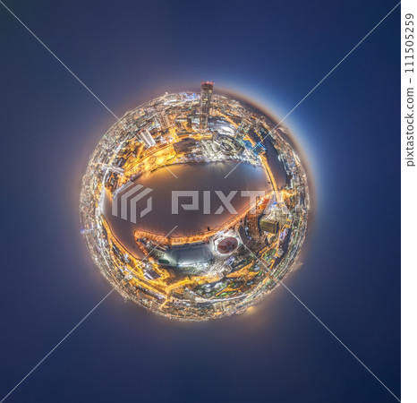 Aerial winter city view with crossroads and roads, houses, buildings, parks and bridges. Copter shot. Little planet sphere mode. Aerial winter city view with crossroads and roads, houses, buildings, parks and bridges. Copter shot. Little planet sphere mode. 111505259