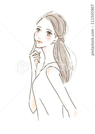 Illustration of a woman thinking with a smile, unsure about choosing Illustration of a woman thinking with a smile, unsure about choosing 111505907