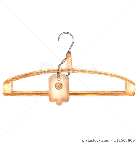 Wooden clothes hanger with cardboard label . Wood accessory storing apparel in wardrobe. Storage rack of triangle shape. Hand drawn watercolor illustration isolated on white background. For design. Wooden clothes hanger with cardboard label . Wood accessory storing apparel in wardrobe. Storage rack of triangle shape. Hand drawn watercolor illustration isolated on white background. For design. 111505909
