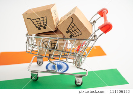 Box with shopping online cart logo and India flag, Import Export Shopping online or commerce finance delivery service store product shipping, trade, supplier. Box with shopping online cart logo and India flag, Import Export Shopping online or commerce finance delivery service store product shipping, trade, supplier. 111506133