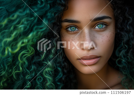 AI-generated content. Calm serious beautiful millennial African American woman with thick curly hair looking forward at camera posing indoors. Attractive focused young adult gen z lady face without 111506197