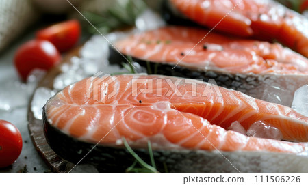 AI-generated content. Raw trout steaks close-up 111506226