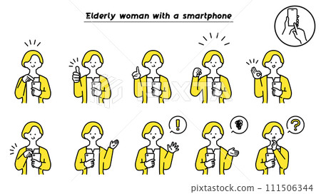 Elderly woman with smartphone facial expression variations 111506344