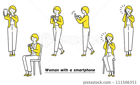 Woman operating a smartphone pose variations 111506351
