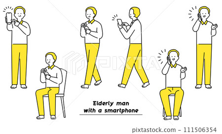 Pose variations of an elderly man operating a smartphone 111506354