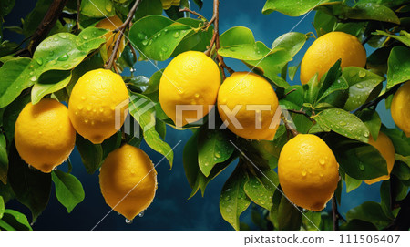 Ripe juicy lemons grow on branches Ripe juicy lemons grow on branches 111506407