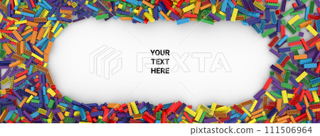 Toy bricks of all colors of the rainbow with space for your content on a white background. Text space. Copy space. 3D illustration. 3D rendering 111506964