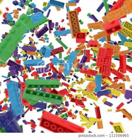 Toy bricks of all colors of the rainbow in flight on a white background. Square. 3d illustration. 3D rendering 111506965