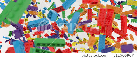 Toy bricks of all colors of the rainbow in flight on a white background. Square. 3D illustration. 3D rendering 111506967