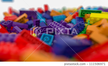 Colored toy bricks background. Rainbow colors. Random coloured plastic construction blocks. 3d illustration 111506971