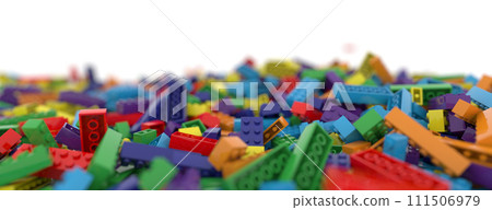 Colored toy bricks background. Rainbow colors. Random coloured plastic construction blocks. 3d illustration 111506979