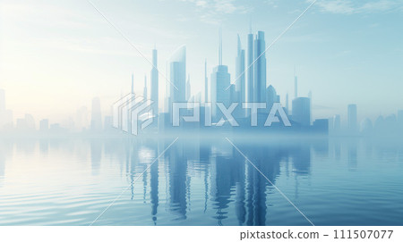 An image of a futuristic city where a floating city is reflected on the water surface 111507077