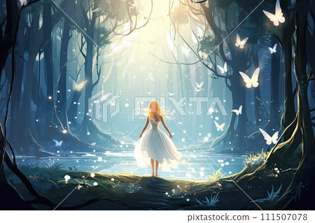 AI-generated content. beautiful fairy in magical forest illustration 111507078
