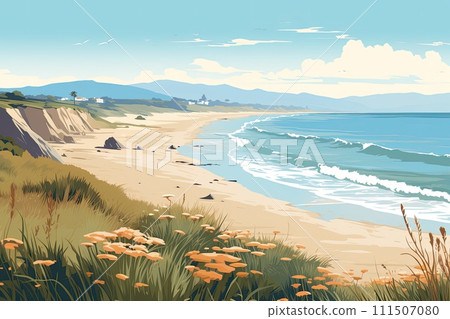AI-generated content. beautiful lonely beach in summer illustration 111507080