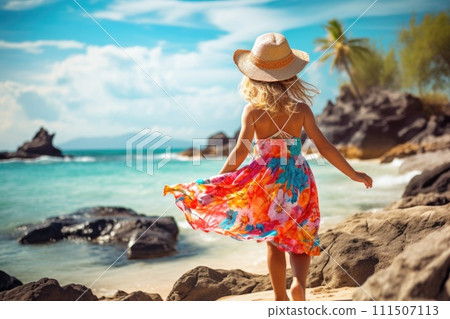 AI-generated content. little girl play on tropical beach in summer 111507113