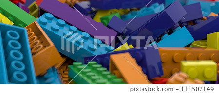 Colored toy bricks background. Rainbow colors. Random coloured plastic construction blocks. 3D illustration. 3D rendering 111507149
