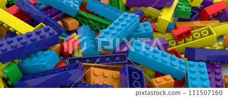 Colored toy bricks background. Rainbow colors. Random coloured plastic construction blocks. 3D illustration. 3D rendering 111507160