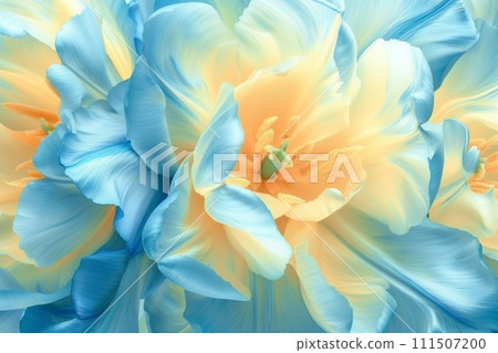 Flower yellow blue tulips and petals. Floral background. Petals tulips. Close up. Nature. generative ai. Flower yellow blue tulips and petals. Floral background. Petals tulips. Close up. Nature. generative ai. 111507200