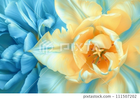 Flower yellow blue tulips and petals. Floral background. Petals tulips. Close up. Nature. generative ai. Flower yellow blue tulips and petals. Floral background. Petals tulips. Close up. Nature. generative ai. 111507202