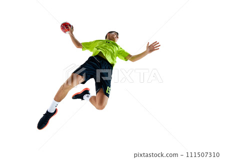 Bottom view image of young guy, handball athlete in motion during game, playing, practicing against white studio background Bottom view image of young guy, handball athlete in motion during game, playing, practicing against white studio background 111507310