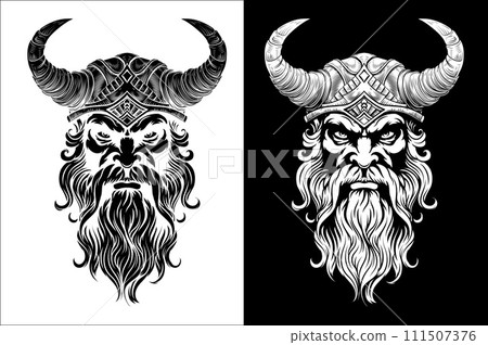 Viking Warrior Man Strong Mascot Face in Helmet Viking Warrior Man Strong Mascot Face in Helmet 111507376