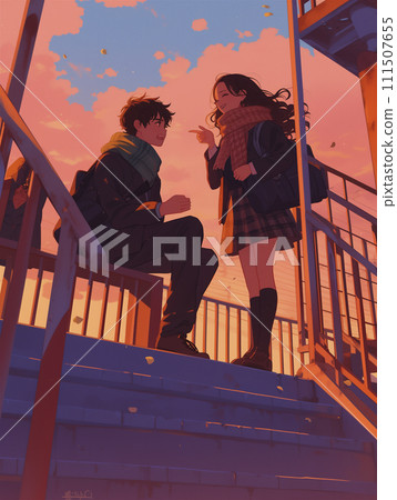 黃昏放學後與女友愉快交談（AI 生成圖像） 111507655