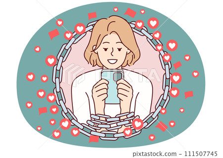 Woman with chained hands using phone symbolizing addiction to internet and gadgets. Vector image 111507745