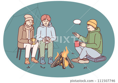 Young people communicate while sitting around campfire during camping trip in nature. Vector image 111507746