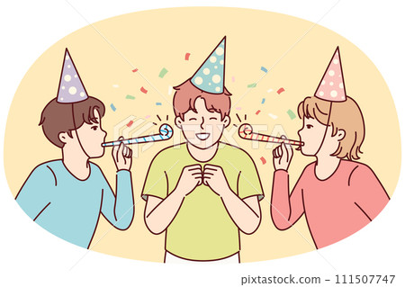Teenage boy celebrating birthday with friends from school standing among confetti. Vector image 111507747