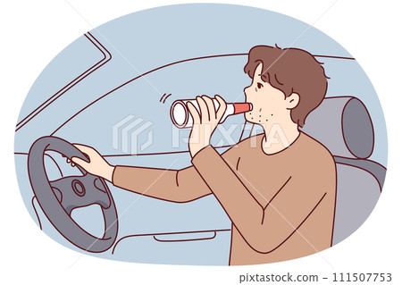 Irresponsible man drinks alcohol from bottle driving car risking lives of pedestrians. Vector image Irresponsible man drinks alcohol from bottle driving car risking lives of pedestrians. Vector image 111507753