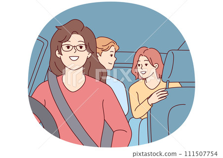 Woman drives car with teenage children in passenger seat, giving them ride to school. Vector image 111507754