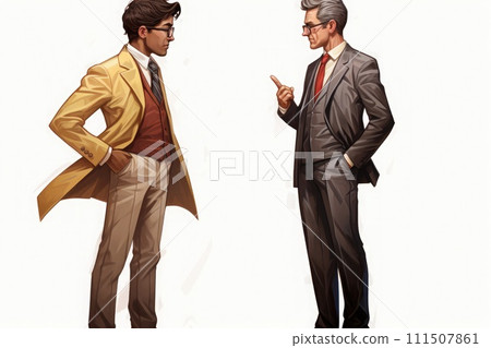 Two men in suits stand face-to-face, with the older man pointing a finger as if giving advice or reprimanding the younger man 111507861