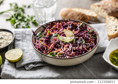 Healthy salad of red cabbage, carrots, coriander and sesame.  Healthy eating, vegan food concept 111508651