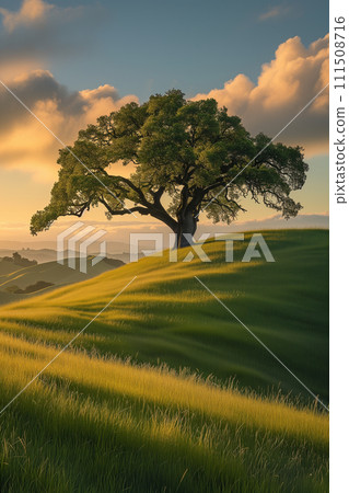 Old oak tree on a meadow 111508716