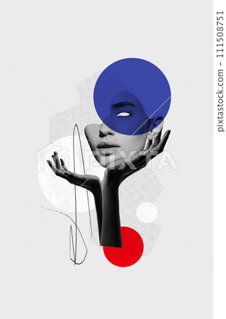 Contemporary art collage. Abstract monochrome portrait with blue circle overlay on face against background with red circle and white elements. 111508751