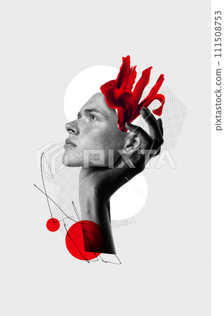 Contemporary art collage. Hand holds male head with flowers. Abstract design with bright geometry shapes. Monochrome filter. Contemporary art collage. Hand holds male head with flowers. Abstract design with bright geometry shapes. Monochrome filter. 111508753