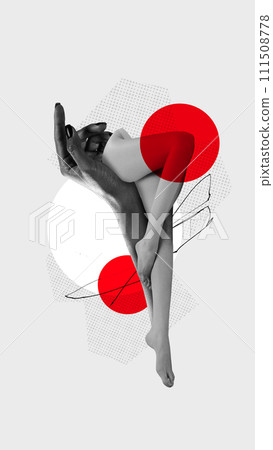 Contemporary art collage. Hand holds female legs with abstract transparent red circles overlay on top. Monochrome filter. 111508778