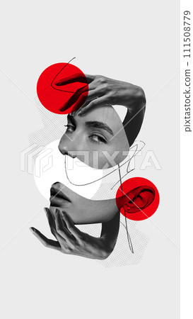 Contemporary art collage. Monochrome portrait of woman with face split in half touches it with hands. Abstract red circles from above. 111508779