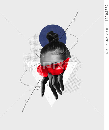 Poster, Contemporary art collage. Woman in red sunglasses with abstract blue and white geometric shapes. Abstract design. Poster, Contemporary art collage. Woman in red sunglasses with abstract blue and white geometric shapes. Abstract design. 111508782