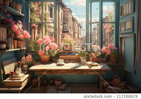A cozy balcony scene with blooming flowers, books, and a coffee cup, overlooking a charming street. 111508829