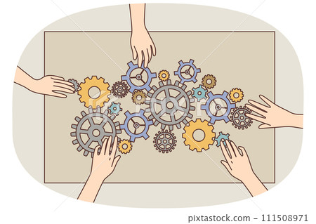 Employees hands connect cogwheels Employees hands connect cogwheels 111508971