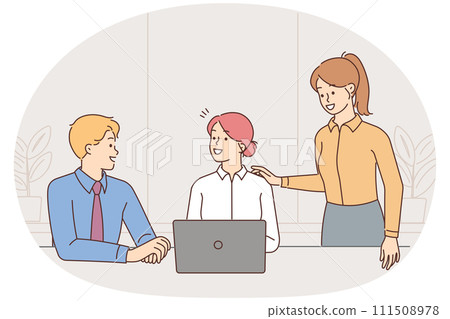 Smiling businesspeople collaborate on computer 111508978