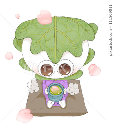 可愛的柏餅人物在飄動的花瓣中看著碗的插圖。 111509011