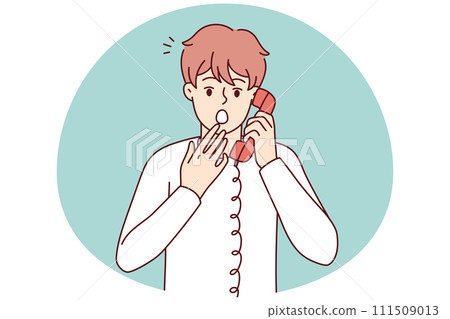 Frightened man holding telephone receiver near ear feel fear after telephone threats. Vector image 111509013
