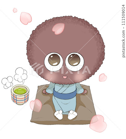 一個可愛的 ohagi 角色在花瓣跳舞時喝茶的插圖 一個可愛的 ohagi 角色在花瓣跳舞時喝茶的插圖 111509014