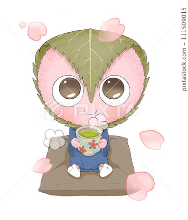 一個可愛的櫻餅角色在花瓣跳舞時喝茶的插圖 111509015